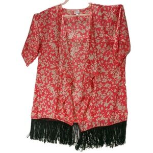 Lularoe Cover Up Women's Large With Black Fringe Lightweight Floral Design Boho